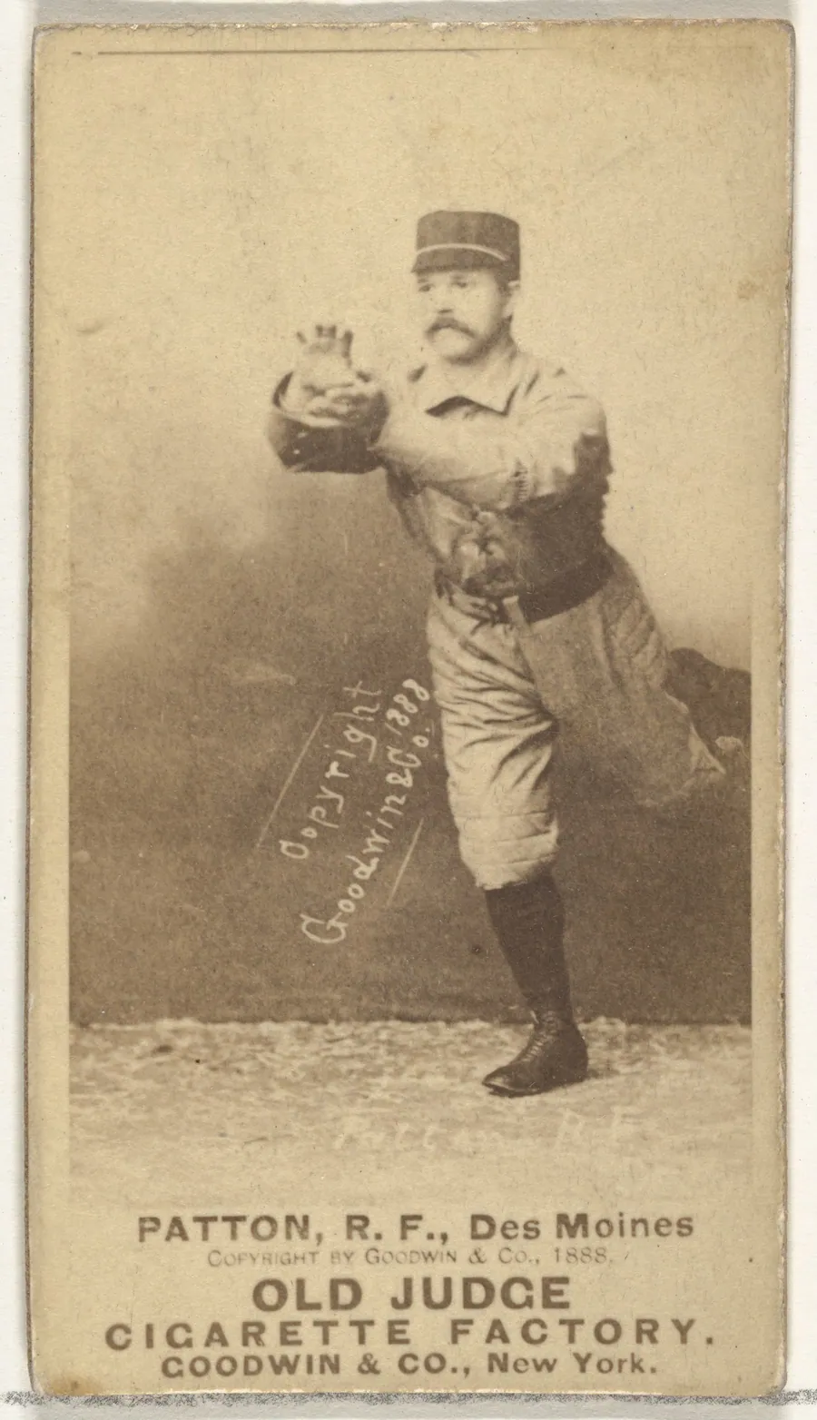 Patton, Right Field, Des Moines Prohibitionists, from the Old Judge series (N172) for Old Judge Cigarettes by Goodwin & Company