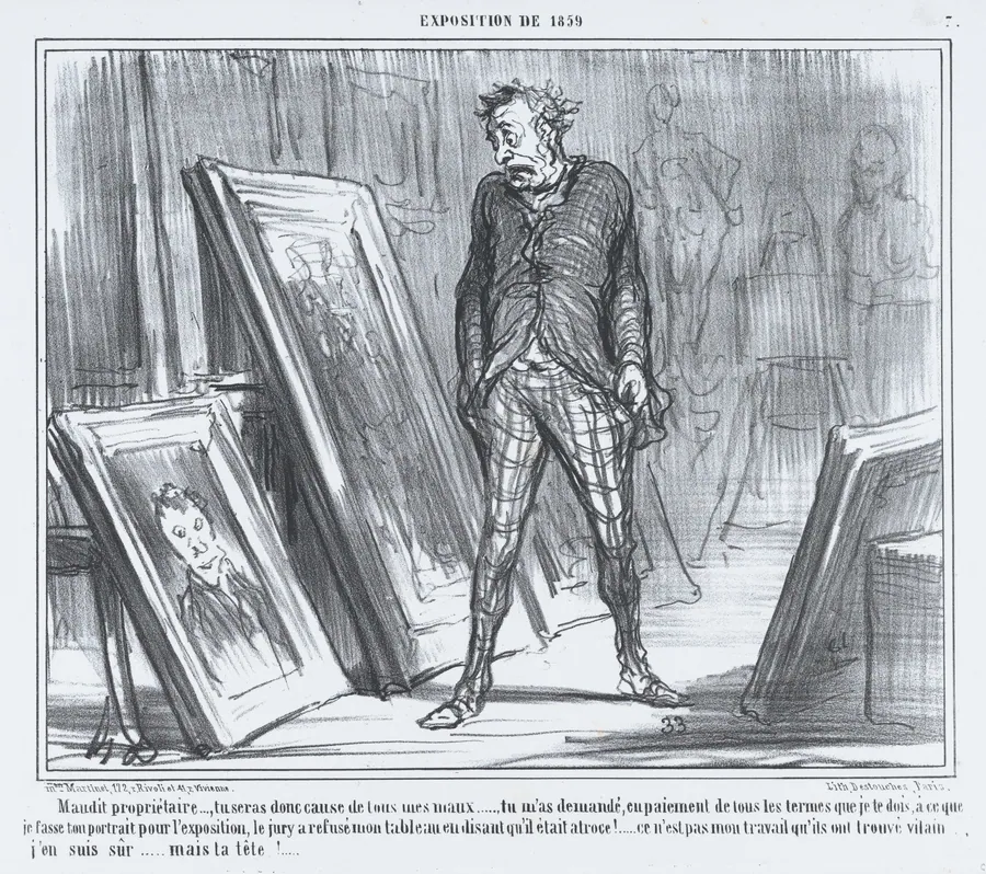 Maudit propriétaire..., tu seras donc cause de tous mes maux..., from L'Exposition de 1859, published in Le Charivari, April 26, 1859 by Aaron Martinet