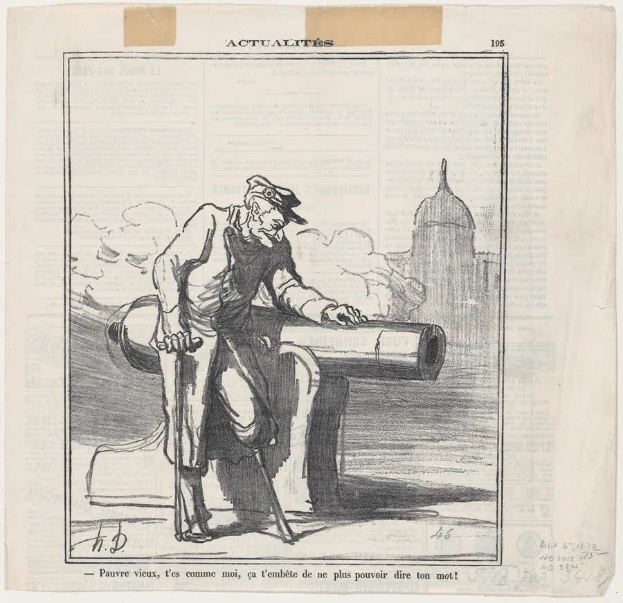 Poor old fellow. You are like me... it annoys you that you cannot speak up as you would like to, from 'News of the day,' published in Le Charivari, September 5, 1870 by Honoré Daumier