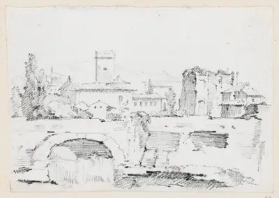 An Italian Town with a Stone Bridge and a Waterfall