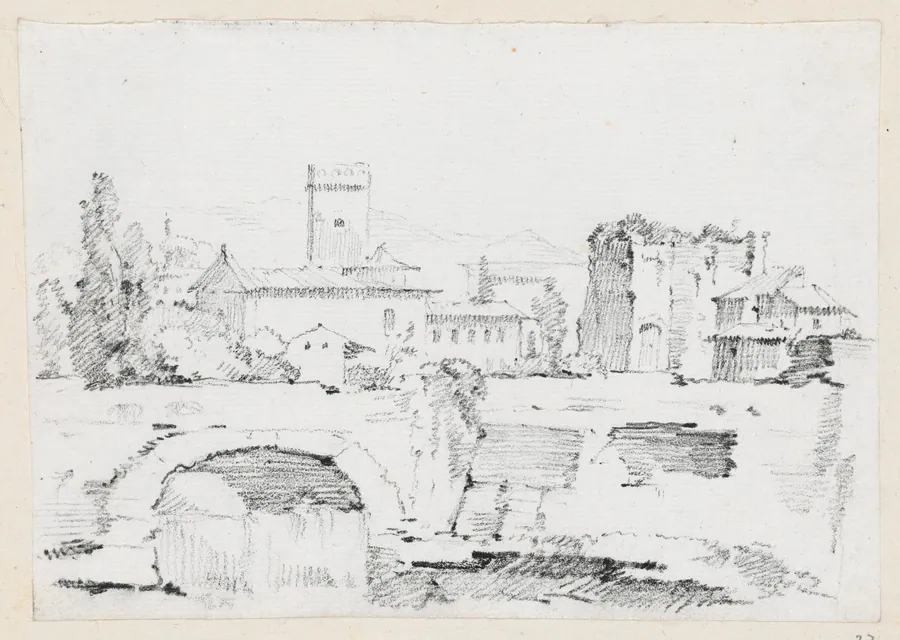 An Italian Town with a Stone Bridge and a Waterfall by Joseph-Marie Vien