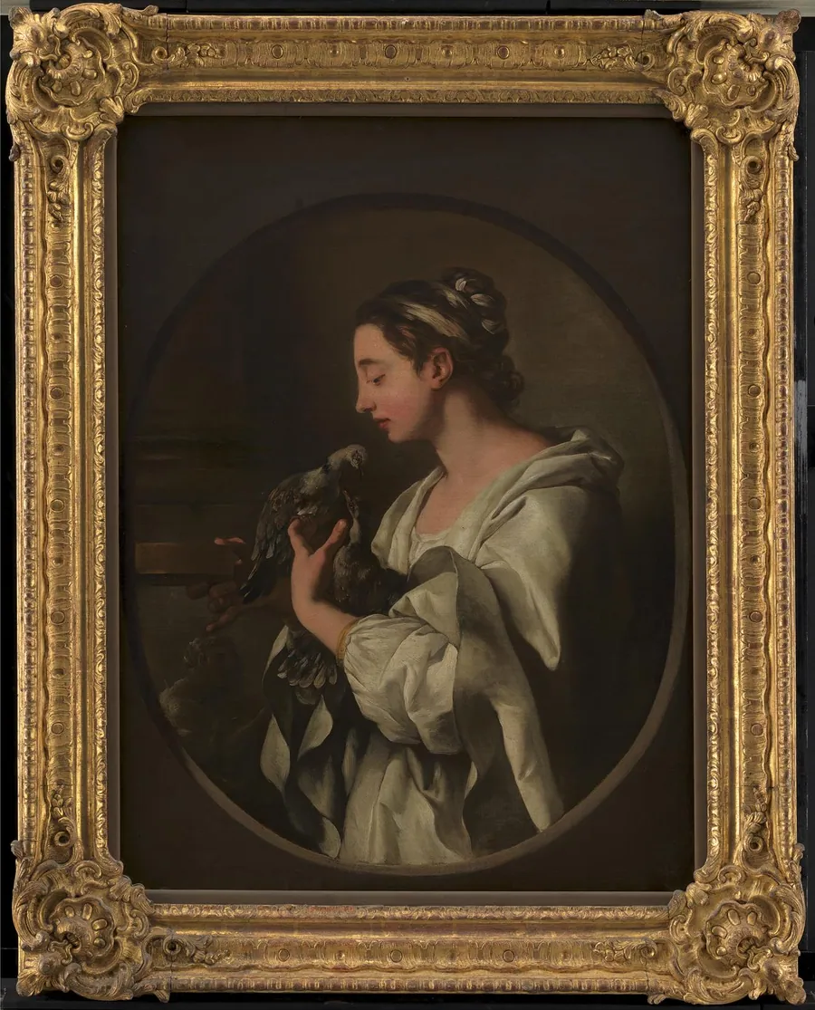 "L'Amour conjugal". Ung kvinde med to duer. Allegori på den ægteskabelige kærlighed by Jean Francois de Troy