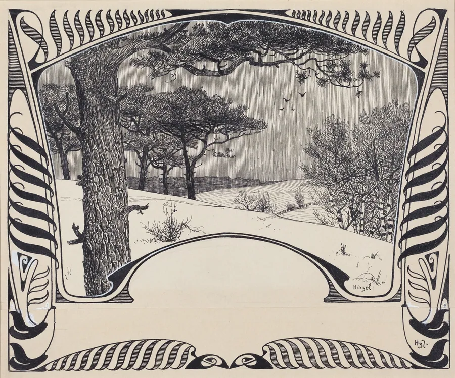 A Winter Landscape Within a Jugendstil Border by Hermann Hirzel