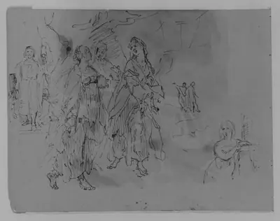 Seven Figures: Advancing Monarch, Three Promenading Women, Half-length Woman Leaning on a Mantelpiece (from Sketchbook)