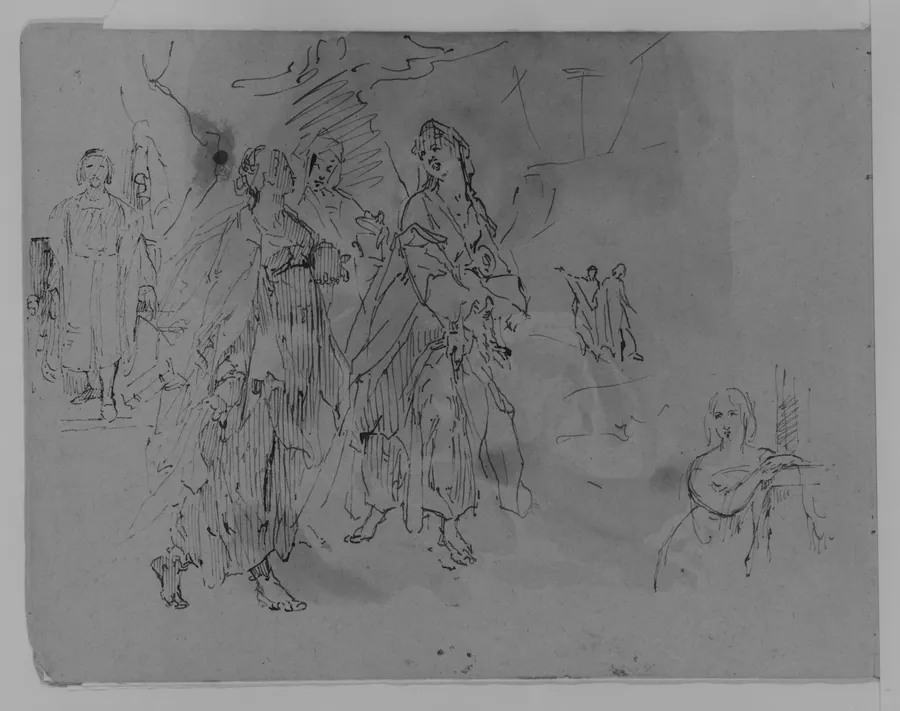 Seven Figures: Advancing Monarch, Three Promenading Women, Half-length Woman Leaning on a Mantelpiece (from Sketchbook) by Thomas Sully