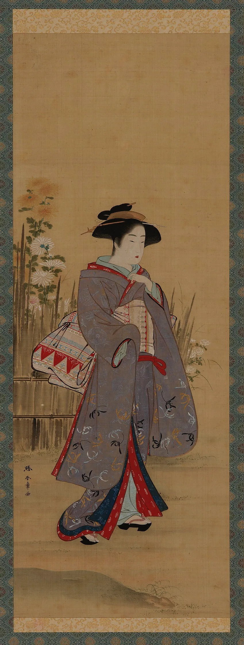 Woman near a fenced-off flowering garden by Katsukawa Shunsho 勝川春章 (1726-1792)