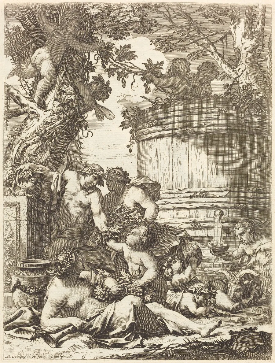 Putti with Grapes and a Seated Bacchante by Michel Dorigny