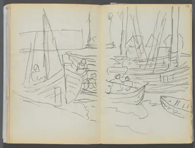 Sketchbook- The Granite Shore Hotel, Rockport, page 156 &157: Boats in Harbor