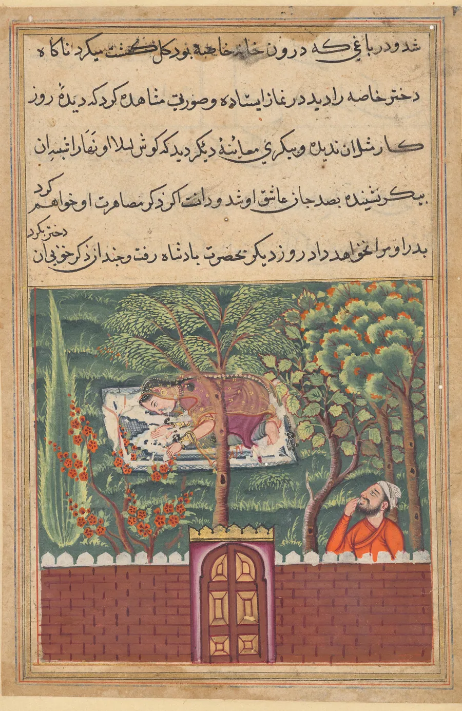 Khulasa, a vizier, sees the daughter of Khassa, another vizier, and covets her, from a Tuti-nama (Tales of a Parrot): Fifty-first Night