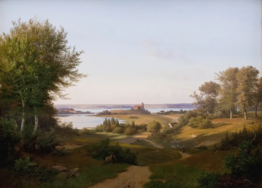 Parti ved Skanderborg med udsigt mod slotsbanken med mindestøtten for Frederik VI by Andreas Juuel