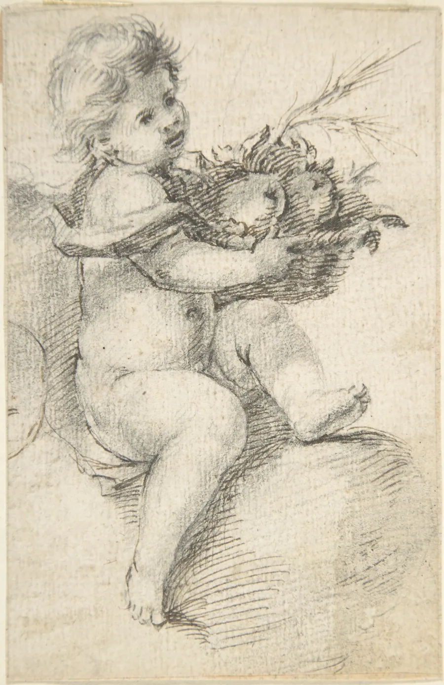 Seated Putto Holding a Basket of Fruit by Anonymous, Spanish, School of Seville, 17th century