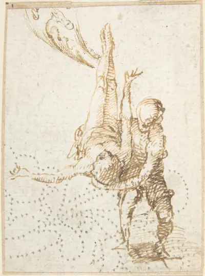 Scene of Martyrdom (Crucifixion of Saint Peter?) (recto); Fragment of Design for Ornamental Border (verso)