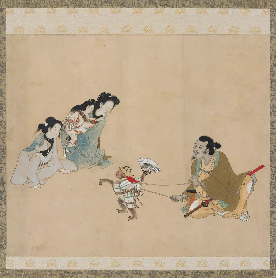 Monkey trainer and monkey performing a dance by Style of Iwasa Matabei (1578-1650)