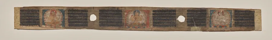 Prajnaparamita ﬂanked by two female ﬁgures, folio 1 (verso), from a Manuscript of the Perfection of Wisdom in Eight Thousand Lines (Ashtasahasrika Prajnaparamita-sutra)