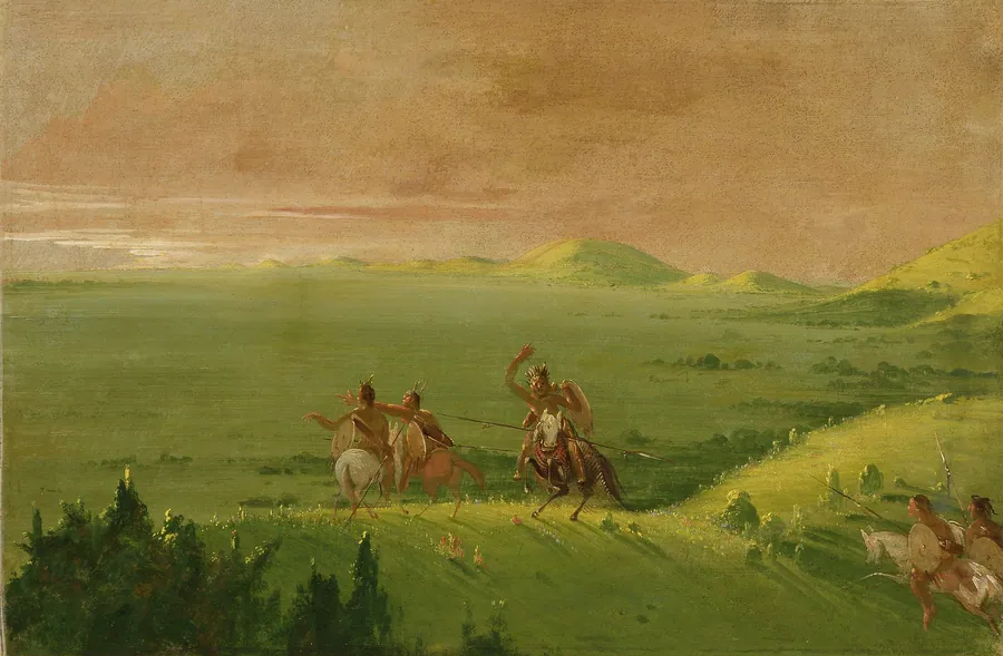 Comanche War Party, Chief Discovering the Enemy and Urging his Men at Sunrise by George Catlin, born Wilkes-Barre, PA 1796-died Jersey City, NJ 1872