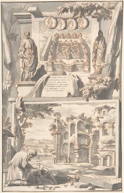 A Reconstruction of the Thermae of Diocletian (above) and a View of the Ruins (below)