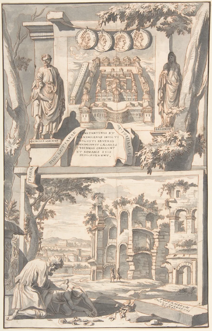 A Reconstruction of the Thermae of Diocletian (above) and a View of the Ruins (below) by Jan Goeree