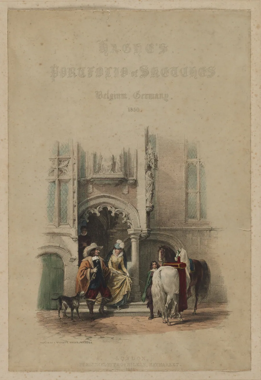 Haghe's Portfolio of Sketches. Belgium. Germany, vol. III: Title Page, on a door, part of a view, Porch of a Private House, Bruges by Louis Haghe