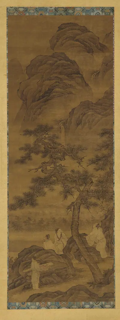 Mountain landscape: three poets and an attendant under a pine tree