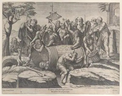Marcus Atilius Regulus in a barrel while two men are hammering in the nails, various figures throughout