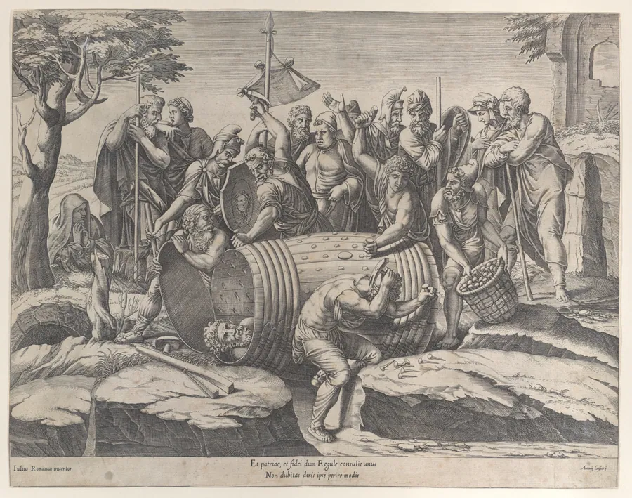 Marcus Atilius Regulus in a barrel while two men are hammering in the nails, various figures throughout by Diana Scultori