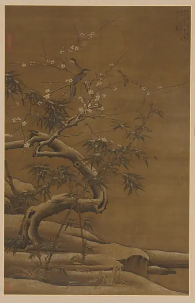Birds, plum blossoms, and bamboo in winter