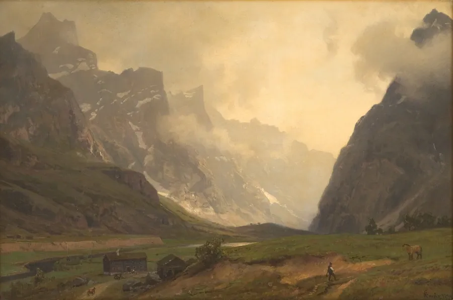 Troldtinderne i Romsdalen; foden af Romsdalshorn til højre by Hans Gude