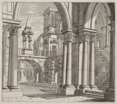 Architectural Fantasy with Buildings, Stairways, and Portals beside a Canal
