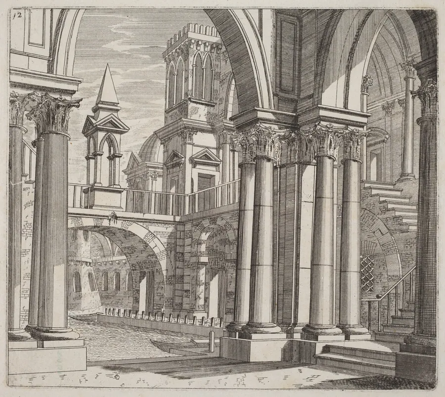Architectural Fantasy with Buildings, Stairways, and Portals beside a Canal by Giuseppe Antonio Landi