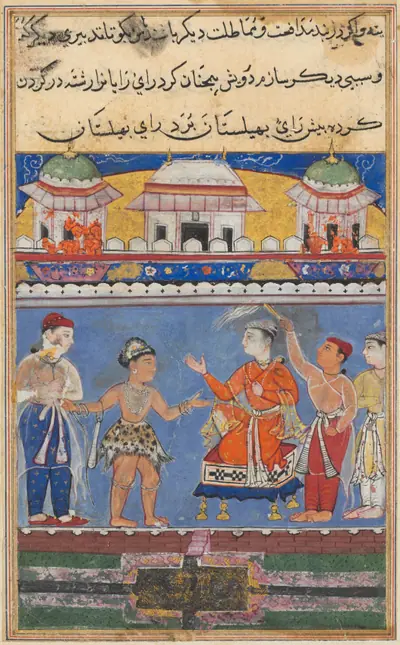 The dervish brings the King of Kings before the king of Bahilistan, from a Tuti-nama (Tales of a Parrot): Seventh Night