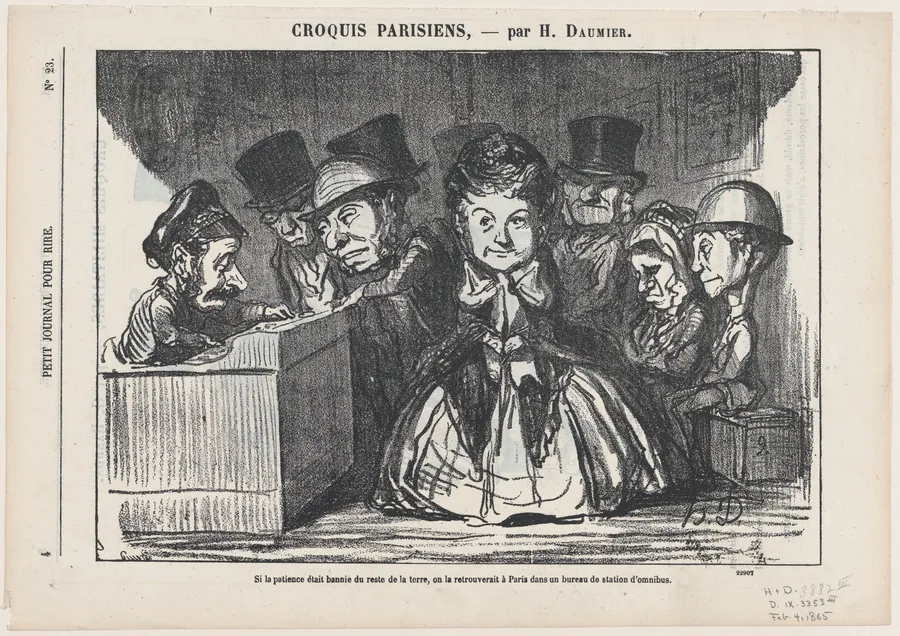 If patience had disappeared all over the world, one would surely find it again at a bus station in Paris, from 'Parisian sketches,' published in Le Petit Journal pour Rire, February 4, 1865 by Honoré Daumier