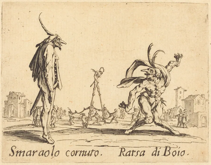Smaralo Cornuto and Ratsa di Boio by Jacques Callot