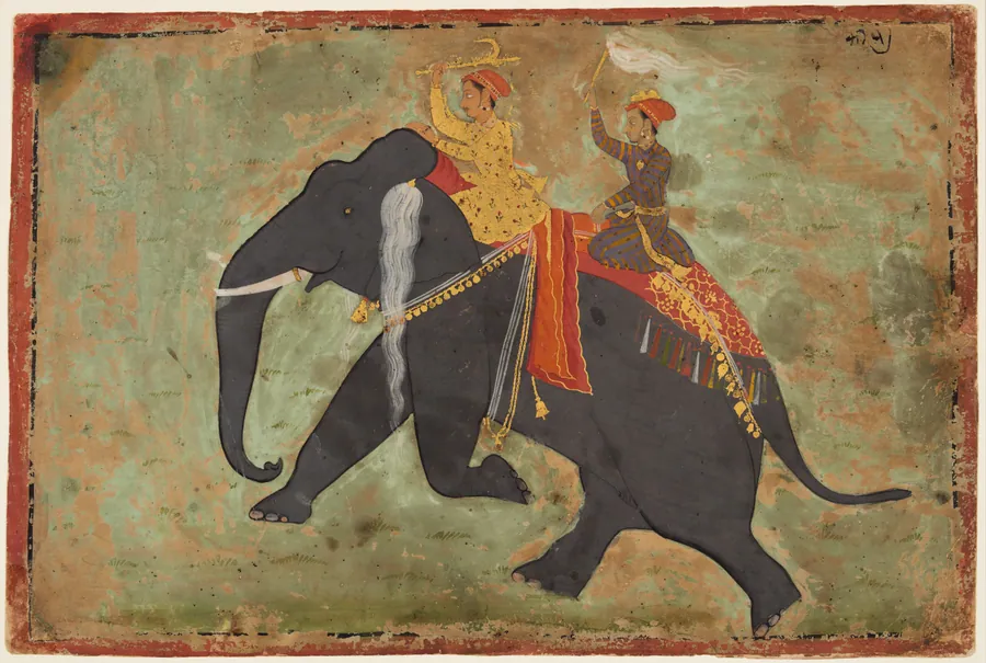 Prince Amar Singh (1672–1710) Drives His Own Elephant by Mewar Stipple Master