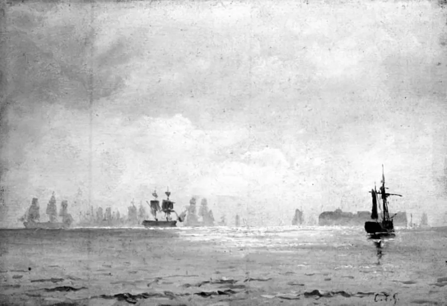 Marine med mange sejlskibe. Diset vejr by C.F. Sørensen
