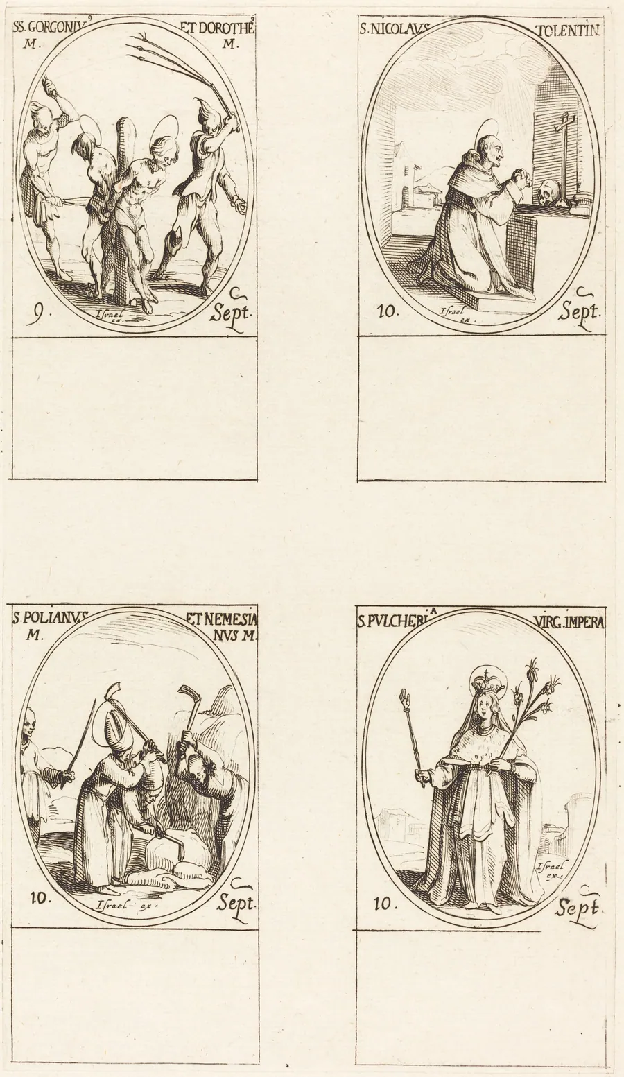Sts. Gorgonius & Dorothy; St. Nicholas of Tolentino; St. Polianus & Nemesian; St. Pulcheria by Jacques Callot