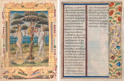 Leaf from a Book of Hours: Adam and Eve and the Fall of Man (Prefatory Miniature to the Office of the Virgin) (recto) and Text with Illustrated Border (verso) (1 of 3 Excised Leaves)