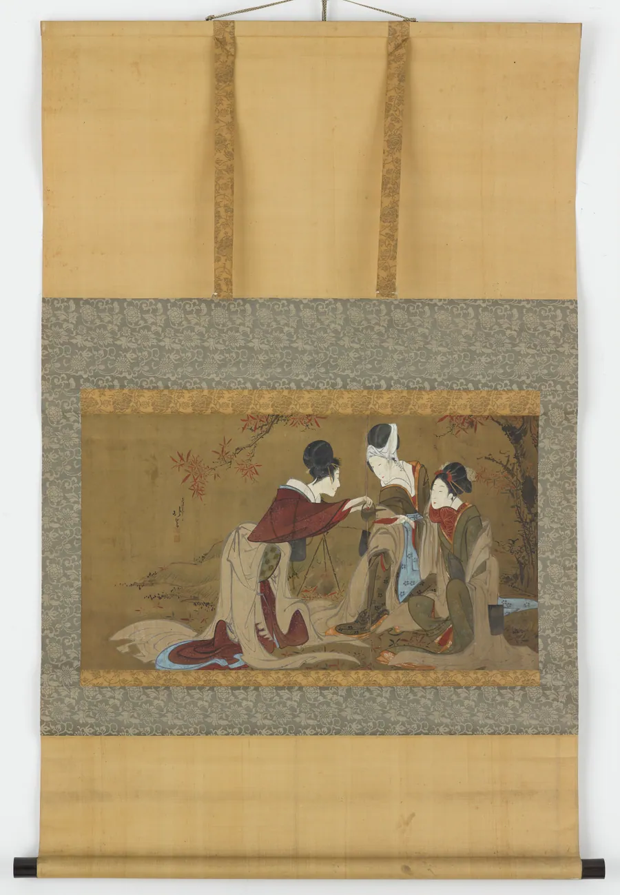 Three shirabyoshi drinking sake heated over a fire of autumn leaves by Hokuga (fl. early 19th century)