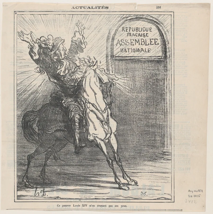 This poor King Louis XIV doesn't believe his eyes, from 'News of the day,' published in Le Charivari, August 21, 1871 by Honoré Daumier