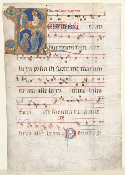 Leaf from a Gradual: Initial (R) with the Three Marys at the Tomb and "Noli me Tangere"