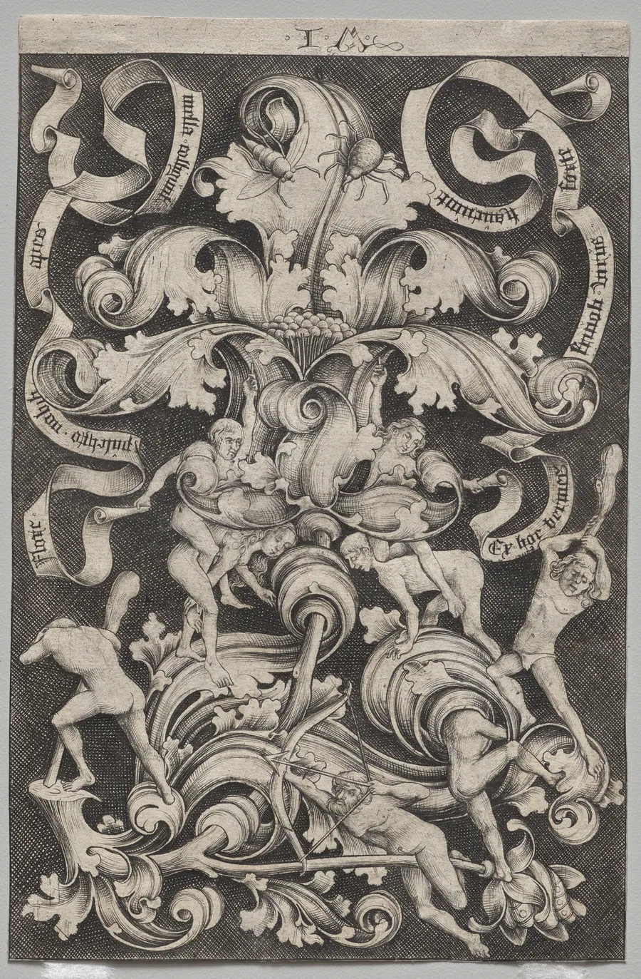 Upright Ornament with Eight Naked Men by Israhel van Meckenem