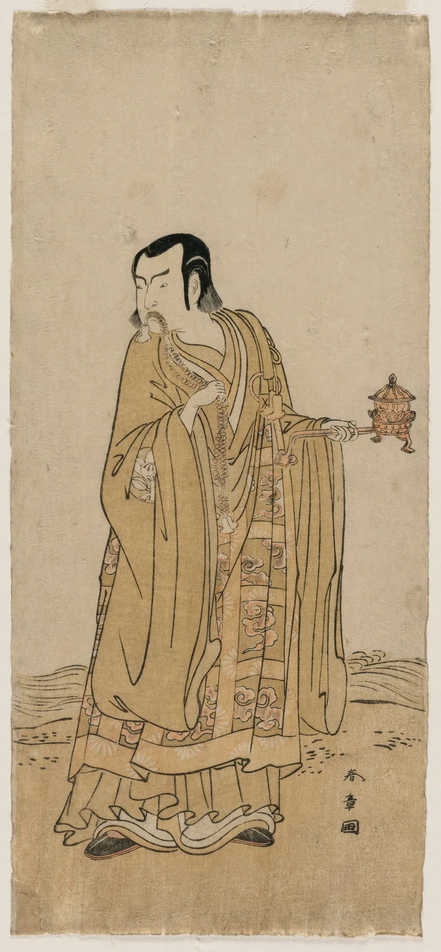 Ichimura Uzaemon IX as Shingen in “A String of Prayer Beads Shaken at a Ribbon of Waterfall” by Katsukawa Shunshō