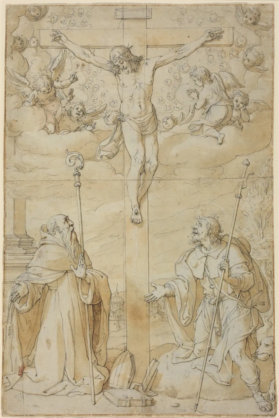 The Crucifixion with Saints Roch and Augustine by Filippo Bellini