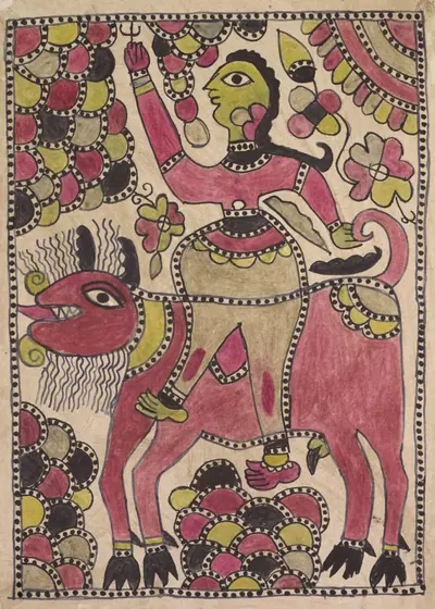 Rider and four-legged bovine creature in mauve, chartreuse and black palette