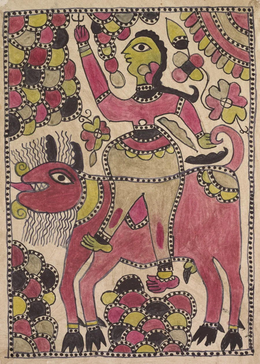 Rider and four-legged bovine creature in mauve, chartreuse and black palette