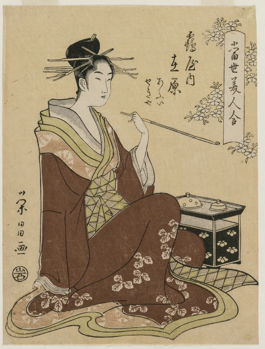 The Courtesan Ariwara of the Tsuruya Seated by a Smoking Chest (From the series A Collection of Modern Beauties) by Chōbunsai Eishi