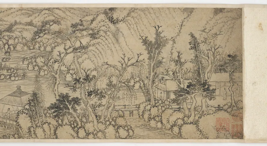Houses at the waterside by Formerly attributed to Cao Zhibo (1272-1355)