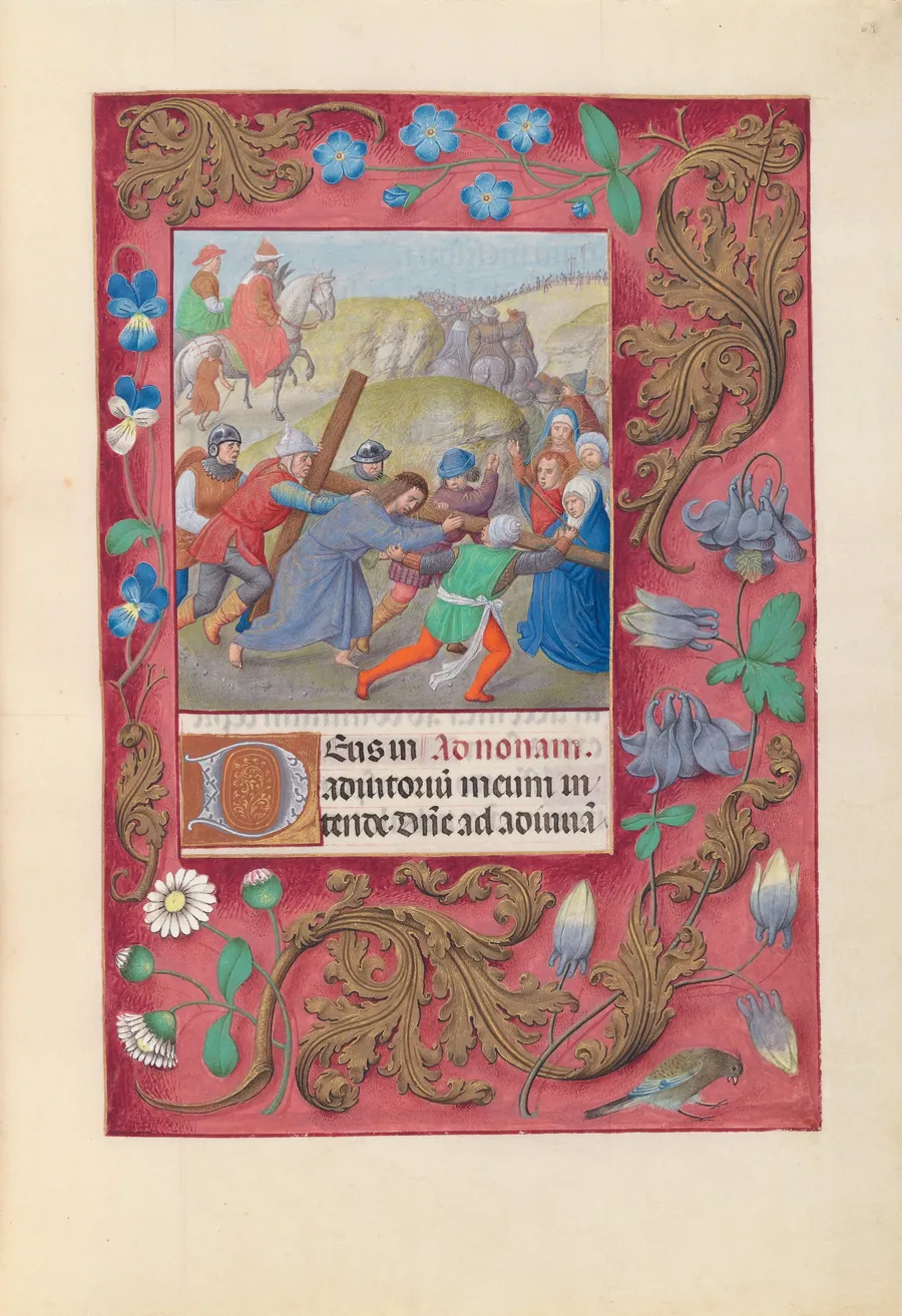 Hours of Queen Isabella the Catholic, Queen of Spain:  Fol. 69r, Christ Carrying the Cross by Master of the First Prayerbook of Maximillian