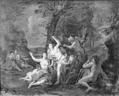 Nogle nymfer overraskes af en satyr. Ved siden sidder en flodgud