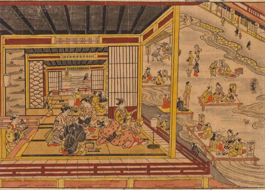 Tea House Beside the Kamo River in Kyoto by Nishimura Shigenaga (Japanese, 1697(?)-1756)