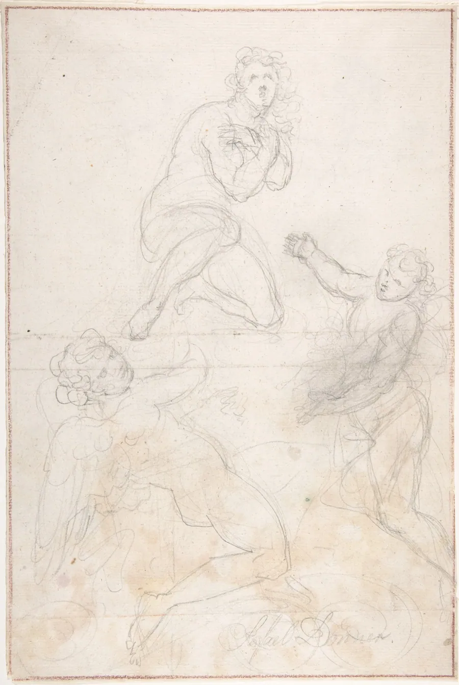 Kneeling Female Nude and Two Studies of Angels by Georg Raphael Donner
